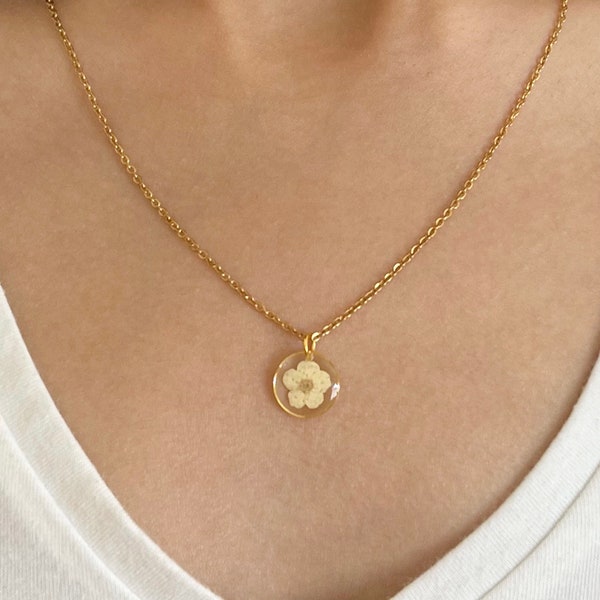Dainty White Plum Blossom Necklace, Real Pressed Flower, Minimalist Resin Jewelry, Round Pendant, 18 Inch Gold/Silver Stainless Steel Chain