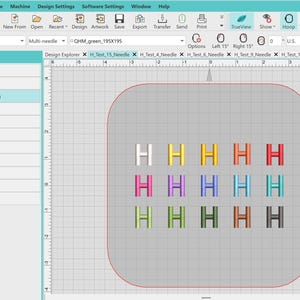 Op de afbeelding: Een digitale borduursoftware-interface met een raster van vijftien letter H-ontwerpen in diverse kleuren, waaronder wit, geel, oranje, rood, roze, paars, blauw, turquoise, lichtgroen, donkergroen, bruin en grijs, op een grijze rasterachtergrond.