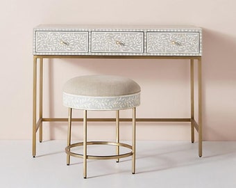 Scroll Vine Bone Inlay Vanity Table and Stool