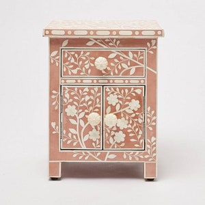 Bone Inlay Bedside, Bone inlay Night stand, Bone Inlay furniture, Bone Inlay Pink floral Design Bedside, Bone Inlay Bedside Table image 1