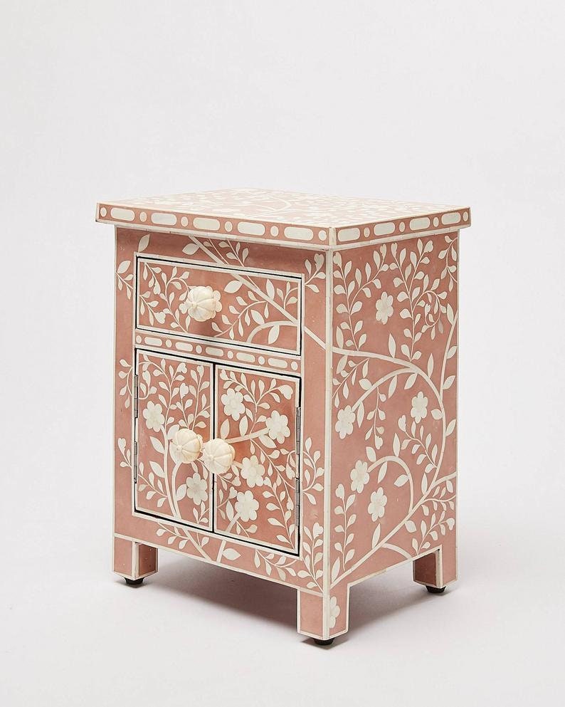 Bone Inlay Bedside, Bone inlay Night stand, Bone Inlay furniture, Bone Inlay Pink floral Design Bedside, Bone Inlay Bedside Table image 2