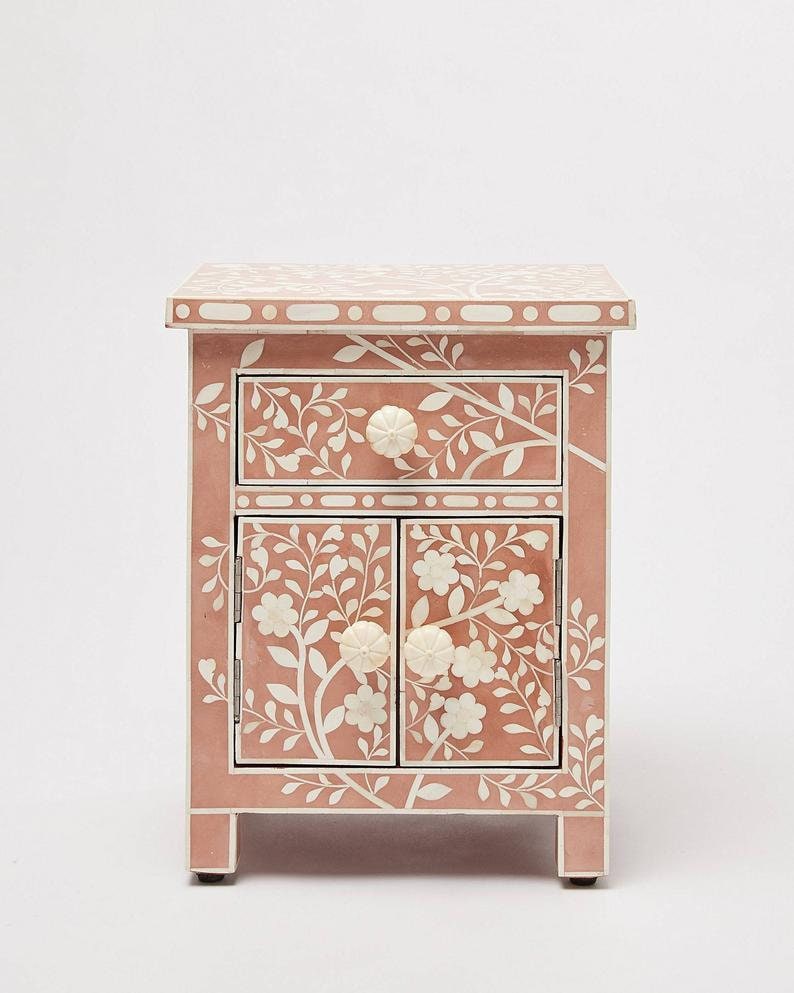 Bone Inlay Bedside, Bone inlay Night stand, Bone Inlay furniture, Bone Inlay Pink floral Design Bedside, Bone Inlay Bedside Table image 1