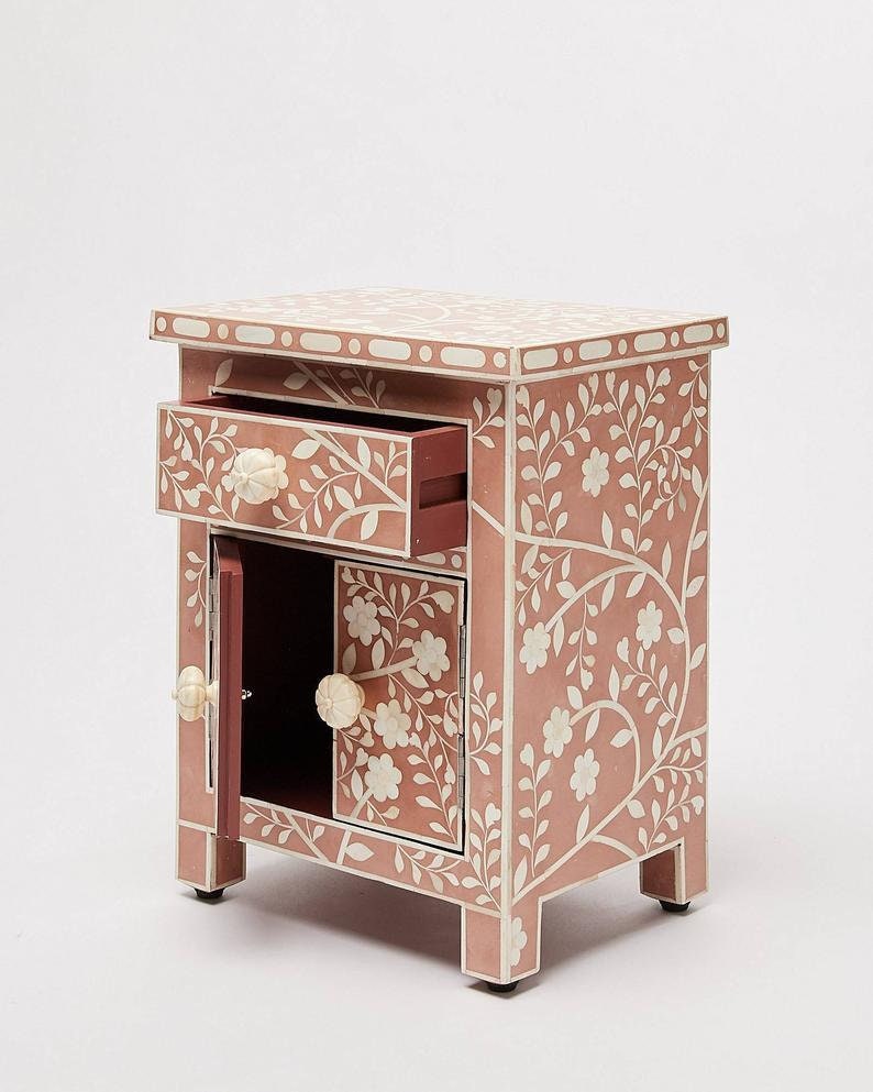 Bone Inlay Bedside, Bone inlay Night stand, Bone Inlay furniture, Bone Inlay Pink floral Design Bedside, Bone Inlay Bedside Table image 4