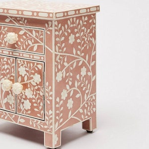 Bone Inlay Bedside, Bone inlay Night stand, Bone Inlay furniture, Bone Inlay Pink floral Design Bedside, Bone Inlay Bedside Table image 3