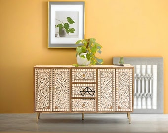 Teak Wood inlay Floral Design Buffet, Handcarved Sideboard, Handmade Furniture, Bone Inlay Furniture, Bone Inlay Buffet,