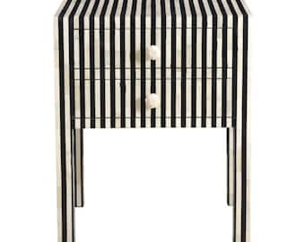 Bone Inlay Bedside Table with 2 Drawers - Black Stripe, Bone Inlay Nightstand, Bedside Table Black, Inlay Bedside, Inlay nightstand