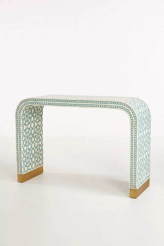 Bone Inlay Moroccan Waterfall Console Table Slate Green Bone
