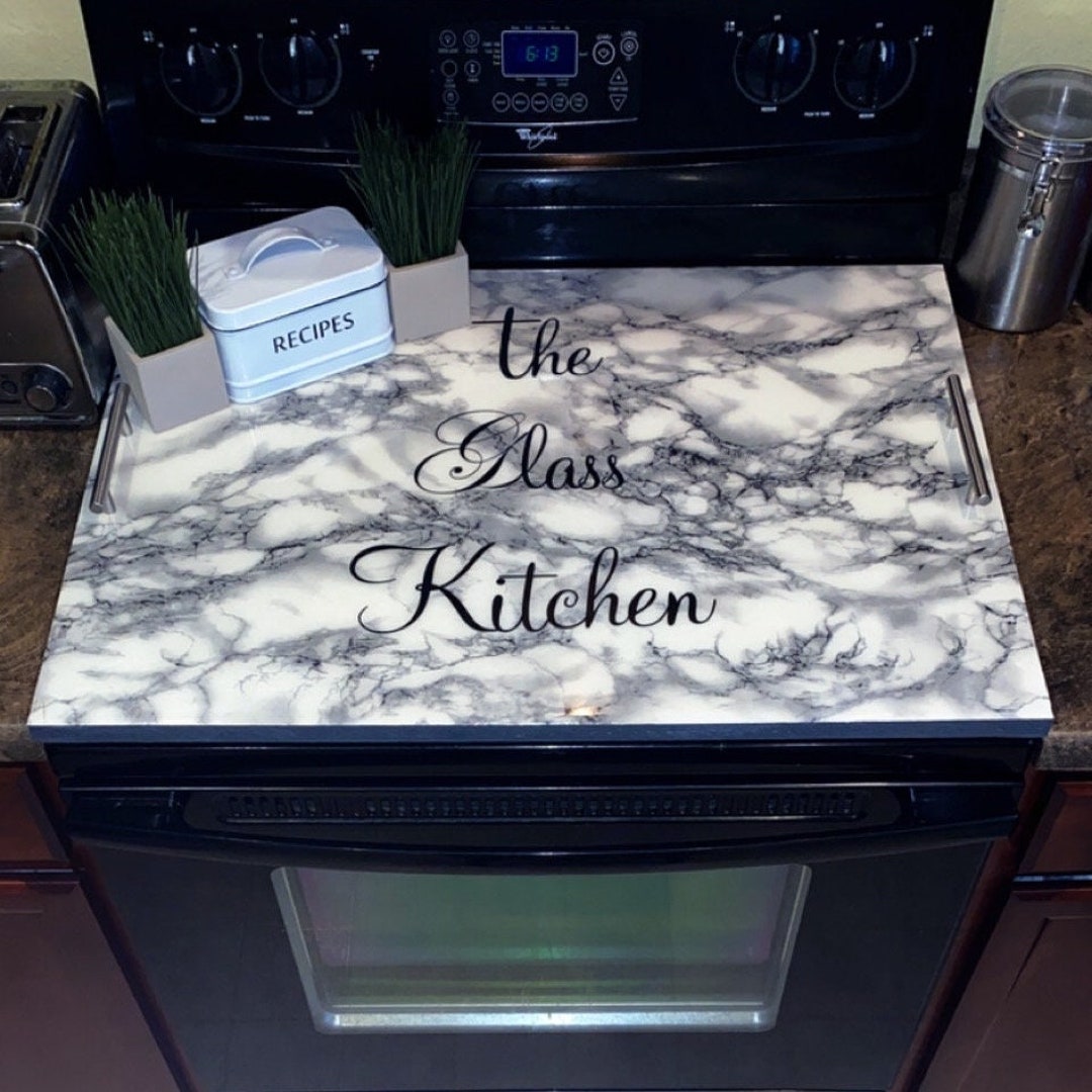 Stove Top Cover - Brown and Blue Stone Marble Style Tempered Glass
