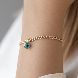 14k Gold Cuban Link Bracelet with Evil Eye Charm | 14k Gold Protection Charm Pendant | 14k Solid Yellow or Rose Gold, Minimalist Jewelry