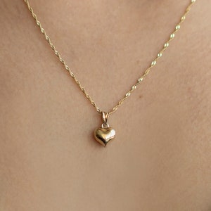 14k Gold 3D Heart Necklace, Puffy Heart Pendant with Sequin Chain, Everyday Necklace, 14kt Real Gold Love Pendant 17.50