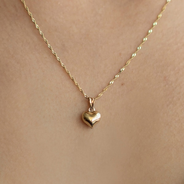 14k Gold 3D Herz Halskette, Puffy Herz Anhänger mit Pailletten Kette, Alltags-Halskette, 14kt Echtgold Love Anhänger