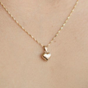 14k Gold 3D Heart Necklace, Puffy Heart Pendant with Sequin Chain, Everyday Necklace, 14kt Real Gold Love Pendant image 3