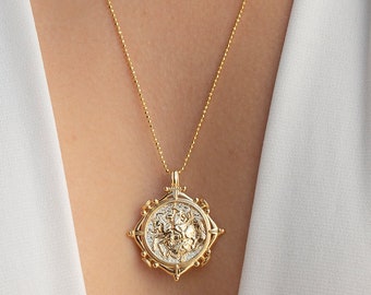 14k Solid Gold Coin Pendant | Ancient Style Pendant with Bead Chain | Yellow Gold Chic Necklace | Ancient Rome Inspired Jewelry