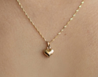 14k Gold 3D Heart Necklace, Puffy Heart Pendant with Sequin Chain, Everyday Necklace, 14kt Real Gold Love Pendant