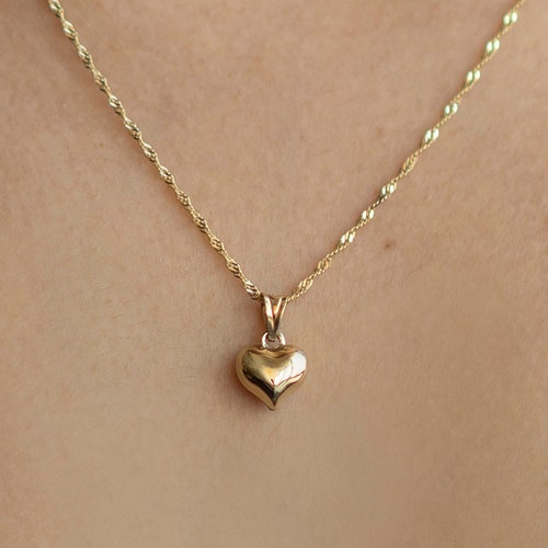 14k Gold 3D Heart Necklace Puffy Heart Pendant With Sequin - Etsy