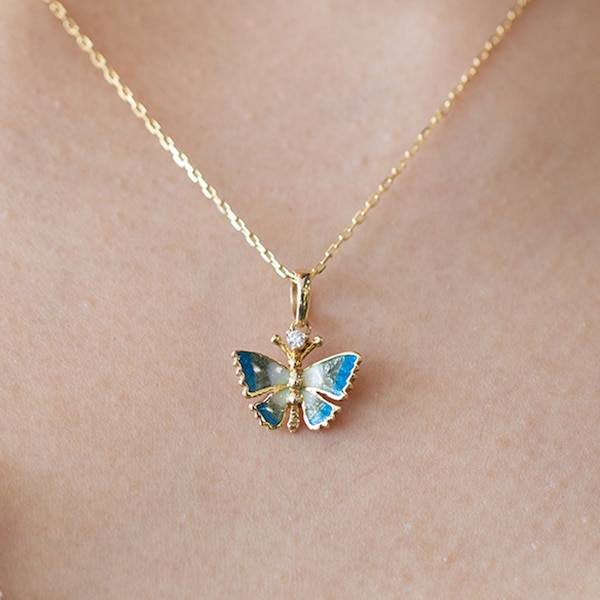 14K Gold Monarchfalter Schmetterling Anhänger, Schmetterling Diamant Halskette, echter natürlicher Diamant Anhänger, Geschenk für Freundin, Mutter, Minimal Schmuck