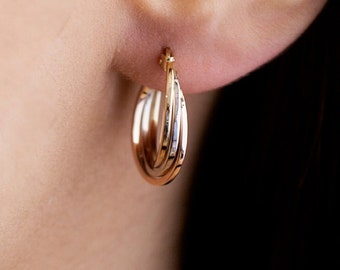 14K Solid Gold 3 Tone Three Line Braided Hoop Huggie Earrings for Women,Three Color Earring, Triple Row Earring, Rose Yellow White Gold Hoop