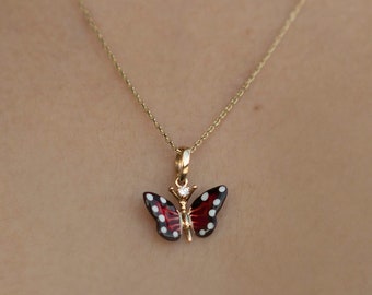 Monarch Butterfly 14K Gold Pendant Necklace, Mini Butterfly Charm Necklace, 0.03ct Diamond Pendant, Gift for Girlfriend, Gift for Mother