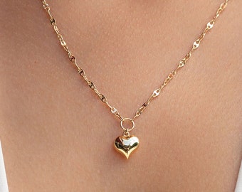 14K Gold Heart Necklace, 3D Small Heart Pendant, Puffy Heart Gold Charm, Love Pendant Necklace, Thin Chain, Gift for Her