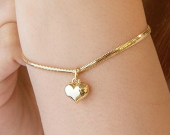 14k Gold Heart Charm Bracelet on Snake Chain, Shiny Finish Snake Chain Bracelet, Love Bracelet, Heart Charm Bracelet, Christmas Gift Ideas
