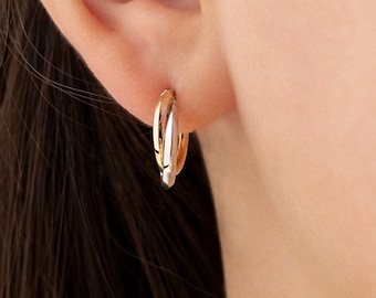 14K Solid Gold Two Tone 2 Line Braided Hoop Earrings for Women, Chic Twisted Yellow & White Gold Mini Hoop Earrings, Elegant Hoop Earrings