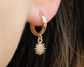 CZ Sun Dangling Hoops , Huggie Hoop Earrings, Celestial Gold Plated Dangle Earrings, Best Friend Gift