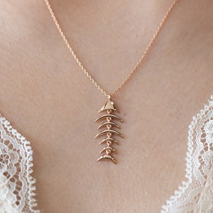 Fish Bone 14K Gold Pendant, 3D Fish Charm Diamond Necklace, 0.03ct Diamond Pendant, Luck Pendant, Nautical Necklace, Ocean Jewelry