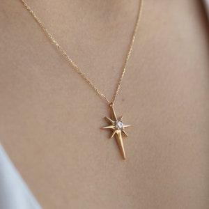 14k Solid Gold Pole Star Necklace, North Star Necklace, Real Gold Star Necklace, Birthday Gift, Anniversary Gift, Gift For Girlfriend image 1