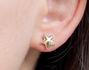 14K Yellow Gold Puffy Star Earrings | High Quality Star Celestial Studs | 3D Puffy Star Charm Studs