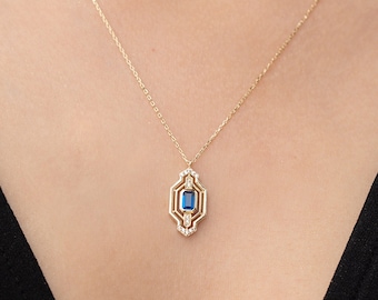 Retro Style 14k Solid Gold Cluster Necklace, Great Gift for Her, Stunning Green or Blue Baguette Design, Real Gold Gift