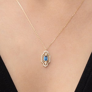 Retro Style 14k Solid Gold Cluster Necklace, Great Gift for Her, Stunning Green or Blue Baguette Design, Real Gold Gift