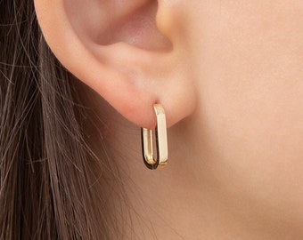 Square Hoops, 14k Solid Gold Hoop Earrings, Minimal Gold Hoops, Rectangle Hoops, Geometric Hoop Earrings, Gift for Her, Earrings for Women