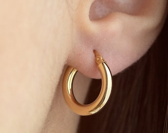 14k Gold Creolen: 3 mm Tube, Hochglanzpolitur (16 mm), Minimalistische Goldcreolen