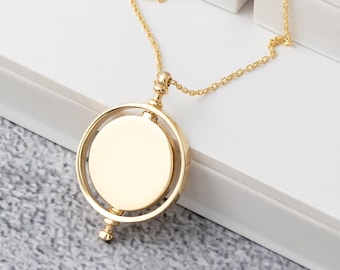 14k Yellow Gold Disc Necklace, 14K Solid Gold Rotating Charm Pendant, Minimalist Personalized Gifts, Custom Engraving Name or Letter