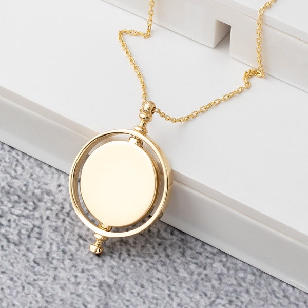 14k Yellow Gold Disc Necklace, 14K Solid Gold Rotating Charm Pendant, Minimalist Personalized Gifts, Custom Engraving Name or Letter