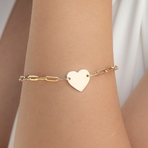 14K Yellow Gold Paperclip Chain With Heart Charm, Real Gold Engravable Tag Bracelet, Personalized Heart Bracelet, Gold Custom Jewelry