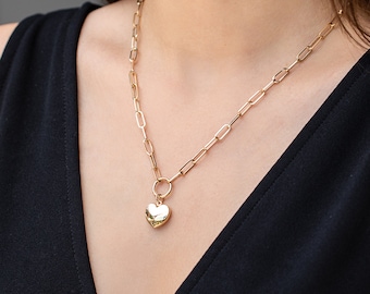 14k Yellow Gold 3D Heart Necklace, Puffy Heart Pendant with Paperclip Chain, Everyday Necklace, 14kt Real Gold Love Pendant