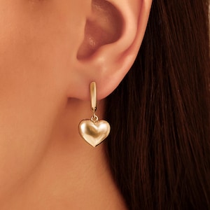 14K Gold Shiny Puffy Heart Earrings, Real Gold Dangling Heart Charm Earrings, Love Earrings, Yellow Gold Minimalist 3d Heart Drop Earrings