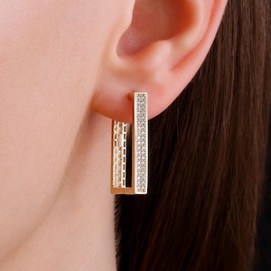 14K Gold Rectangle Hoop Earrings, 14K Yellow Gold CZ Geometric Earrings, Gold Rectangle Huggie Earrings, 14K Solid Gold Statement Hoops