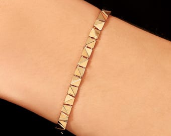 14K Solid Gold Geometric Pyramid Bracelet, Modern Statement Jewelry