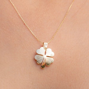 14k Solid Gold Four Leaf Necklace, Real Gold Necklace, 4 Leaf Clover Pendant, Good Luck Pendant, Lucky Charm Necklace, Shamrock Pendant