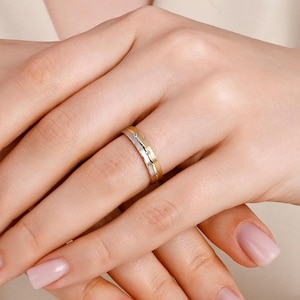 14K Gold Two Tone Wedding Band, Gold Brushed Finished Engagement Ring, Men and Women Modern Couples Gold Ring, White&Yellow Gold Band