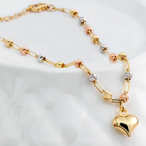 14K Gold Heart Charm Bracelet 14K Solid Yellow Gold Heart Etsy