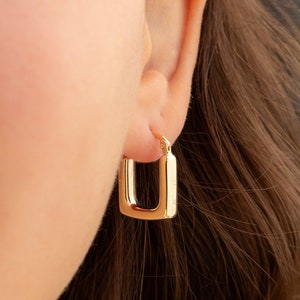 Echtgold Quadrat Hoop Ohrringe, 14k Gold Creolen, Rechteck Hoop Huggie Ohrring, Hinged Stacking Huggie Creolen, Geburtstagsgeschenk