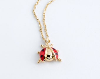 14k Gold Red Ladybug Pendant | Dainty Luck Charm, Ladybug Charm Minimal Necklace for Everyday, Fine Jewelry | Gift for Her