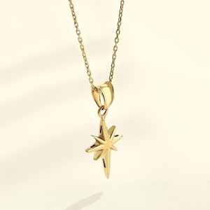 14K Gold Celestial North Star Necklace, Yellow Gold Minimalist Pole Star Pendant, Real Gold 3D Northern Star Charm, Dainty Polaris Pendant