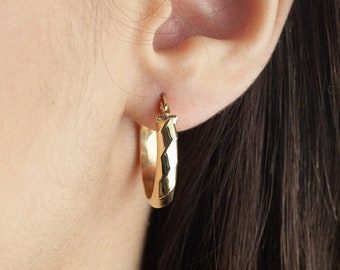 14K Solid Gold Retro Huggie Earrings, Dainty Gold Hoops, Real Gold Hoop Earrings, Gift for Her, Every Day Earrings, 20mm/0.78inc