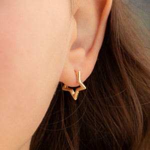 14K Yellow Gold Statement Earrings, Real Gold Star Shaped Hoops, Solid Gold Star Huggie Hoops, Stacking Geometric Earrings