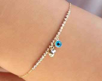 Bracciale in oro giallo 14 carati con turchese e malocchio greco - Catena smaltata - Italia
