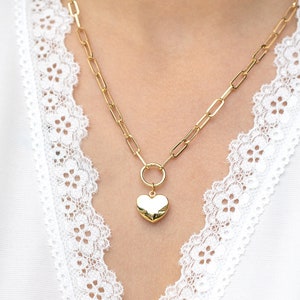 Collana con cuore 3D in oro giallo 14k, ciondolo a forma di cuore gonfio con catena a graffetta, collana per tutti i giorni, ciondolo a forma di cuore in oro vero 14k